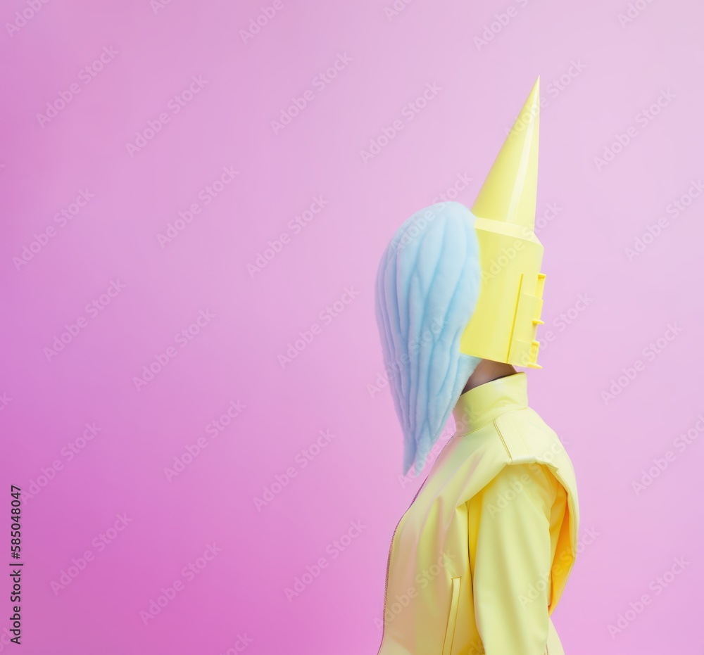 Obraz premium Minimal pastel pink, blue, yellow, futuristic costume on girl portrait. Abstract creative concept. Generative AI.