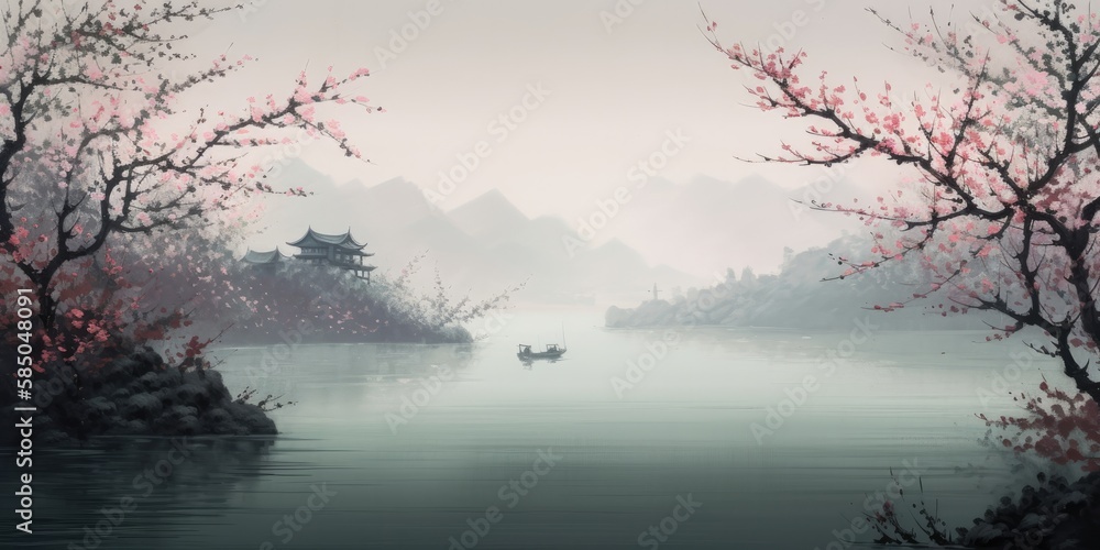 Beautiful spring scenery, with flower blossoms admist the misty rain near the river. A boat is floating on the river. Created by Generative AI technology.