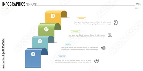 Origami infographic template or element with 4 process, colorful 3D stair ladder layer, funnel, pipeline, pyramid, icons, for sale slide, minimal simple modern style, metallic textures, metal color