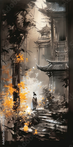 A female figure is walking on the path through traditional Chinese buildings. Chinese ink paniting style. Created by Generative AI technology. photo