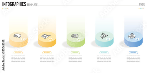 Isometric infographic template or element as a vector with 5 step, process, option, colorful 3D bar, icons, funnel, gantt, funnel, and light for sale slide, minimal modern simple style, origami, stage