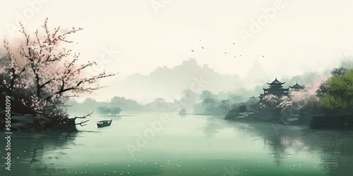 Beautiful spring scenery  with flower blossoms admist the misty rain near the river. A boat is floating on the river. Created by Generative AI technology.