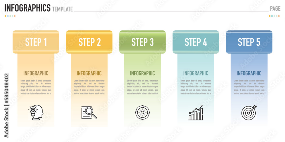 Infographic template or element as a vector with 5 step, process, option, colorful column, rectangular, rectangle, icons for sale slide, minimal, simple, modern style on white background, origami Infographic template or element as a vector with 5 step, process, option, colorful column, rectangular, rectangle, icons for sale slide, minimal, simple, modern style on white background, origami