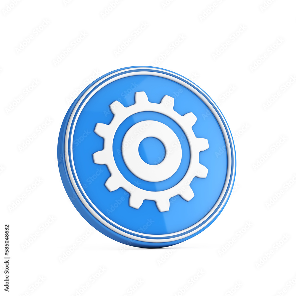 White Cog Wheel Gear Icon in Blue Circle Button. 3d Rendering
