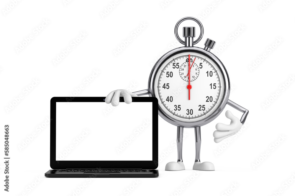 Modern Stopwatch Cartoon Person Character Mascot with Modern Laptop Computer Notebook and Blank Screen for Your Design. 3d Rendering Modern Stopwatch Cartoon Person Character Mascot with Modern Laptop Computer Notebook and Blank Screen for Your Design. 3d Rendering