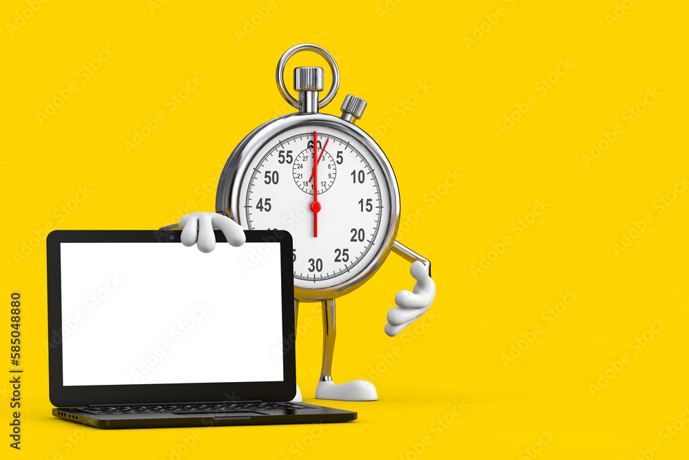 Modern Stopwatch Cartoon Person Character Mascot with Modern Laptop Computer Notebook and Blank Screen for Your Design. 3d Rendering Modern Stopwatch Cartoon Person Character Mascot with Modern Laptop Computer Notebook and Blank Screen for Your Design. 3d Rendering
