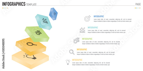 3D isometric infographic template or element with 5 step, process, option, colorful cube rectangle icons on white background for sale slide, minimal simple modern style, origami, metal color, metallic