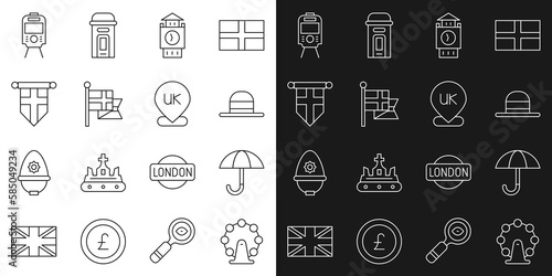 Set line London eye, Umbrella, Elegant women hat, Big Ben tower, England flag flagpole, pennant, Tram railway and Location icon. Vector