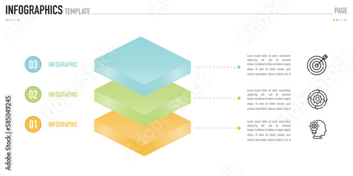 3D isometric infographic template or element with 3 step, process, option, colorful square, rectangle, funnel, pyramid, pipeline layer for sale slide, minimal, modern, simple style, target, arrow