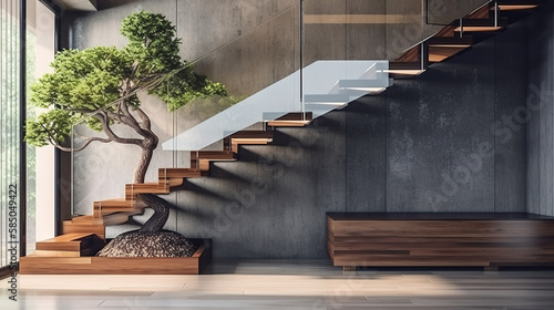 Modern  elegant L shape wood cantilever stair with black granite base staircase  tempered glass panel balustrades  tropical tree in sunlight from window on polished concrete wall  floor background 3D
