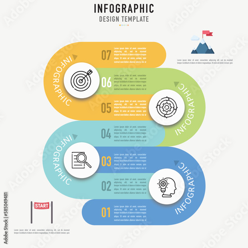 Road, stair, ladder infographic template or element as a vector with 7 connected step, process, colorful round, circular shape and icons, for business, sale slide, minimal, modern, simple style, 3D