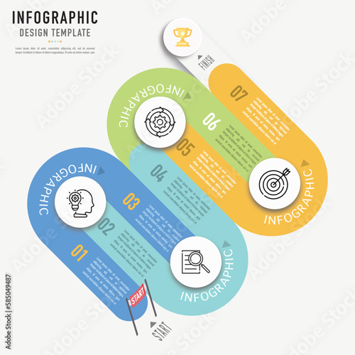 Road, roadmap, racetrack infographic template or element as a vector with 7 step, process, option, colorful round arrow, rectangle and icons for business, sale slide, modern minimal simple style