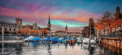 Wonderful nature landscape during sunset. Zurich. Switzerland. Cityscape image of Zurich with colorful sky, during dramatic sunset. Popular travel destination