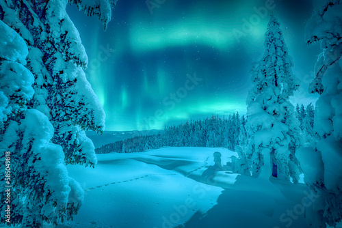 Bilde på lerret Incredible winter landscape with Northern lights (Aurora Borealis) frosty pine tree under sunlight at sunset