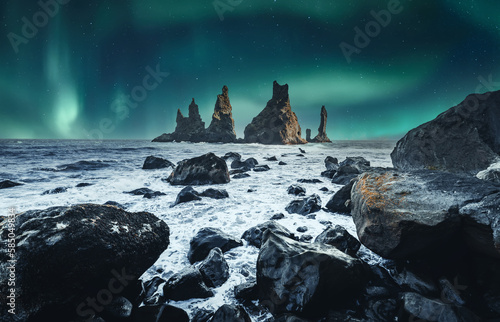 Scenic Image of Iceland. Fantastic nature landscape of Iceland. Incredible seascape with Aurora borealis Northern lights over the Reynisdrangar cliffs near the Vik town. Stunning of Iceland. photo