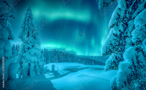 Aurora borealis over the frosty forest. Green northern lights above mountains. Night nature landscape with polar lights. Night winter landscape with aurora. Creative image. winter holiday concept. © jenyateua