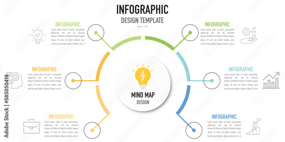 Mind map infographic templae or element as a vector with 6 step, process, option, colorful label, icons, semicircular, circular, branch arrow, for sale slide or presentation, minimal, modern style - obrazy, fototapety, plakaty 