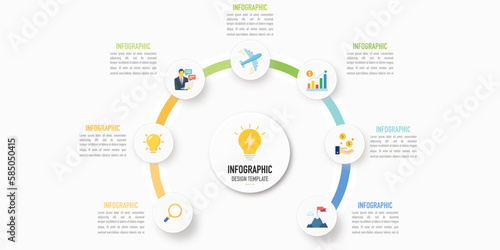 Semicircular mind map infographic template or element with 7 step, process, option, colorful circle, icons, paper cut, origami, on white background for sale slide or presentation modern, minimal style