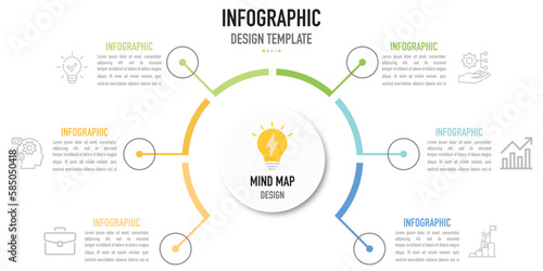 Mind map infographic templae or element as a vector with 6 step, process, option, colorful label, icons, semicircular, circular, branch arrow, for sale slide or presentation, minimal, modern style photo
