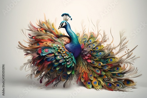 Multicolored peacock on white background created with Generative AI technology
