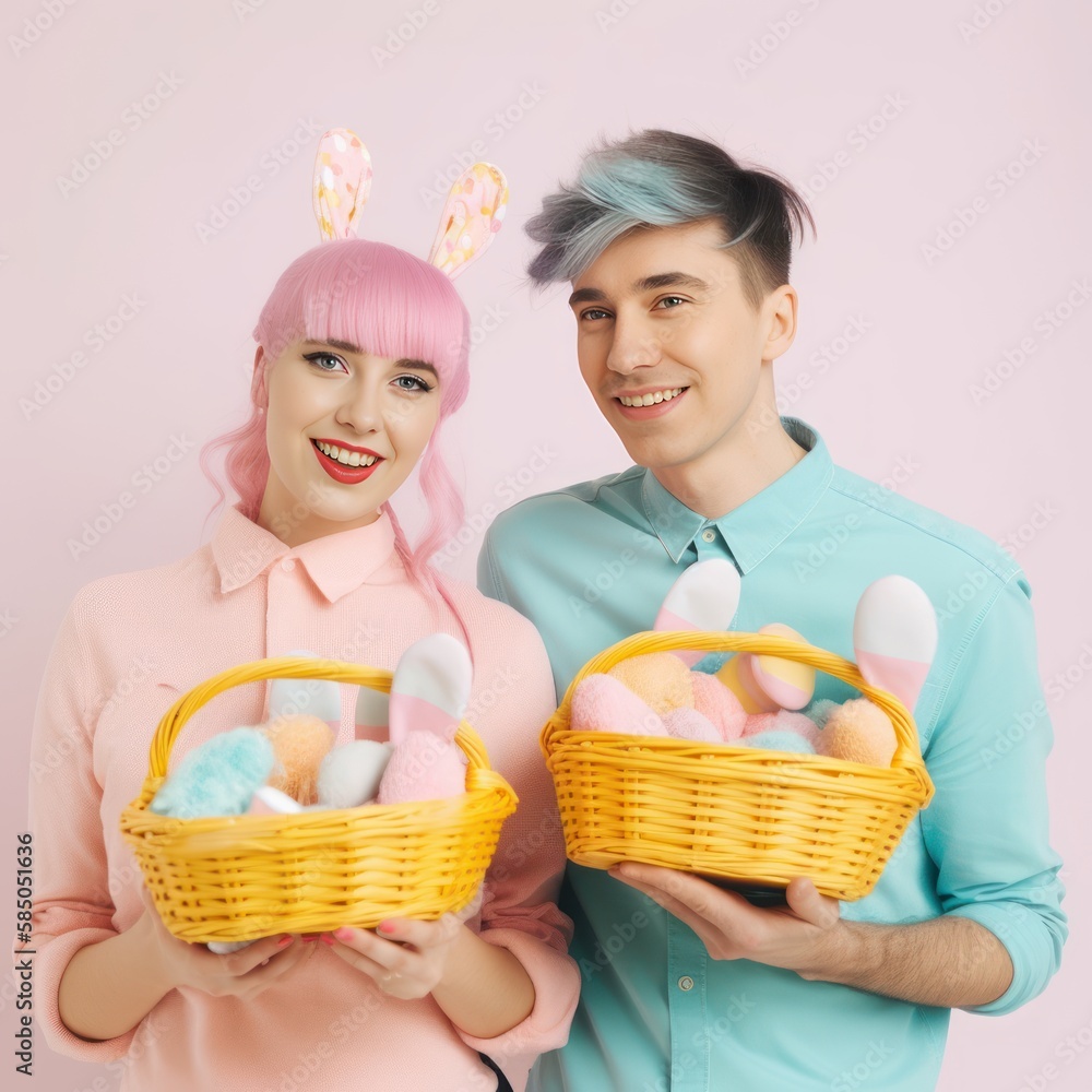 Spring Easter portrait of young beautiful couple in love, boyfriend and girlfriend with Easter eggs basket, Pastel gentle colors, holiday costume. Generative AI. Spring Easter portrait of young beautiful couple in love, boyfriend and girlfriend with Easter eggs basket, Pastel gentle colors, holiday costume. Generative AI.