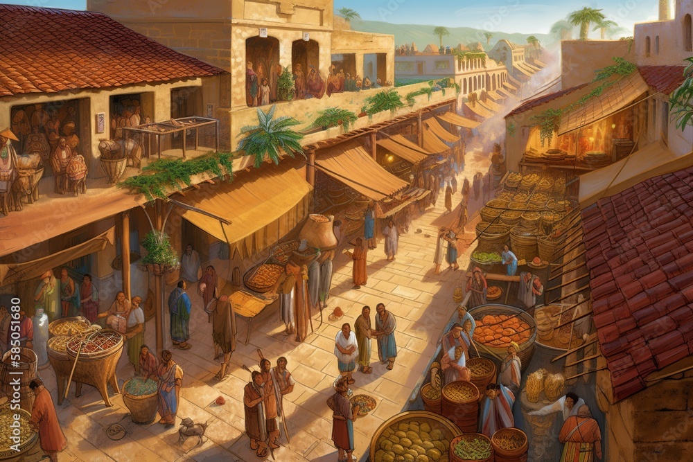 Φωτογραφία Vibrant illustration of a bustling Phoenician marketplace, showcasing diverse traders, textiles, pottery, precious metals, and ancient commerce
