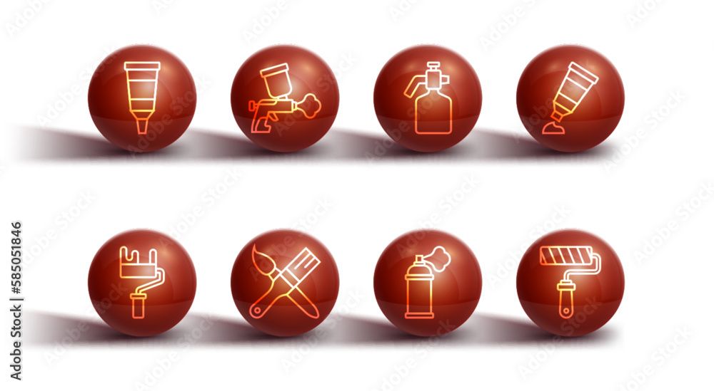 Set line Tube with paint palette, Paint roller brush, spray can, gun, and icon. Vector Set line Tube with paint palette, Paint roller brush, spray can, gun, and icon. Vector
