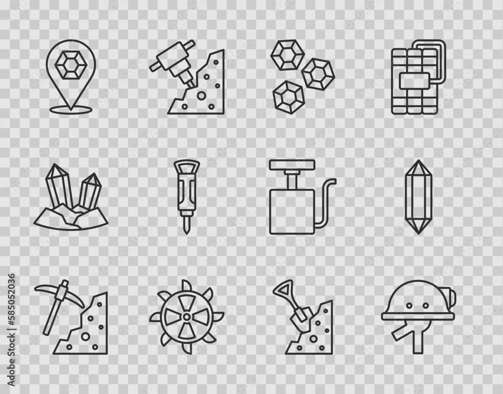 Set line Pickaxe, Miner helmet, Gem stone, Bucket wheel excavator, Construction jackhammer, Shovel and and icon. Vector Set line Pickaxe, Miner helmet, Gem stone, Bucket wheel excavator, Construction jackhammer, Shovel and and icon. Vector