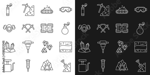 Set line Shovel and stone  Gold mine  Bomb  Conveyor belt carrying coal  Pickaxe  Gas mask  Dynamite and icon. Vector