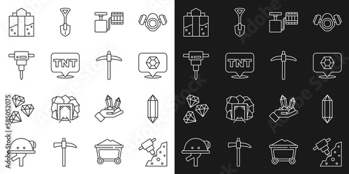 Set line Construction jackhammer, Gem stone, Handle detonator, Dynamite, Mine entrance and Pickaxe icon. Vector
