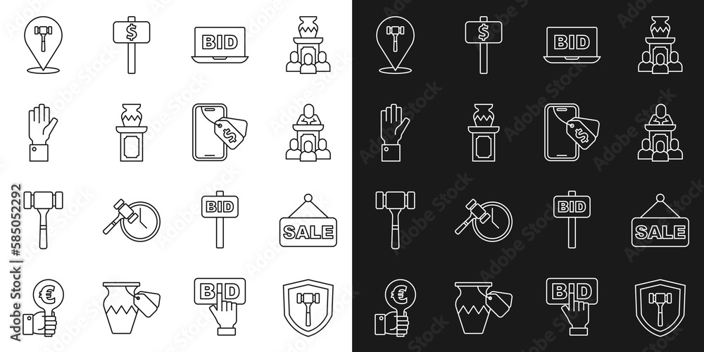 Set line Auction hammer, Price tag with Sale, auctioneer sells, Online, ancient vase, Hand holding, and icon. Vector