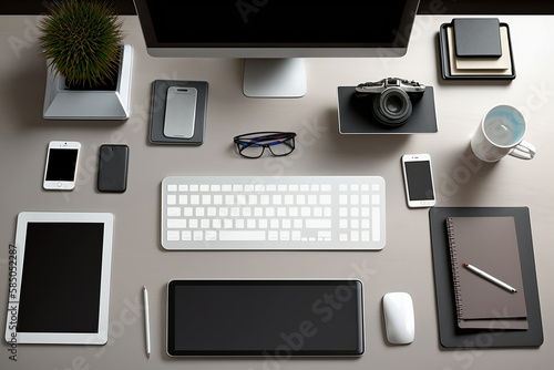 Flatlay modern office desk with a computer, mobile phones and note books. Generative AI