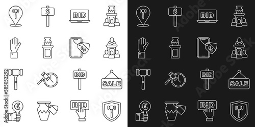 Set line Auction hammer  Price tag with Sale  auctioneer sells  Online  ancient vase  Hand holding  and icon. Vector