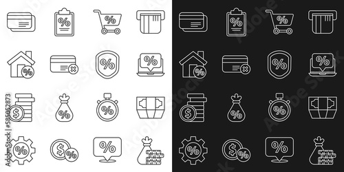 Set line Money bag and coin, Stacks paper money cash, Percent discount laptop, Shopping cart, Credit card remove, House with percant, and Loan percent icon. Vector
