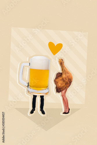 Creative weird banner collage of two freak people lady guy with beer chicken leg body celebrate 14 february event in pub