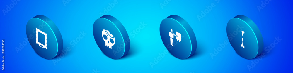 Set Isometric Picture, Museum guide, Human broken bone and Broken human skull icon. Vector Set Isometric Picture, Museum guide, Human broken bone and Broken human skull icon. Vector