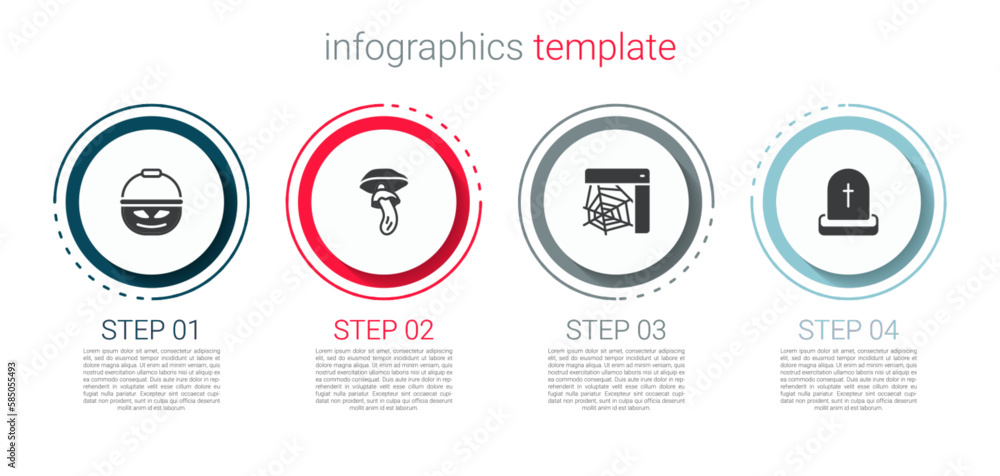 Set Pumpkin basket for sweets, Psilocybin mushroom, Spider web and Tombstone with RIP written. Business infographic template. Vector Set Pumpkin basket for sweets, Psilocybin mushroom, Spider web and Tombstone with RIP written. Business infographic template. Vector