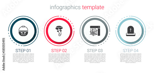 Set Pumpkin basket for sweets, Psilocybin mushroom, Spider web and Tombstone with RIP written. Business infographic template. Vector