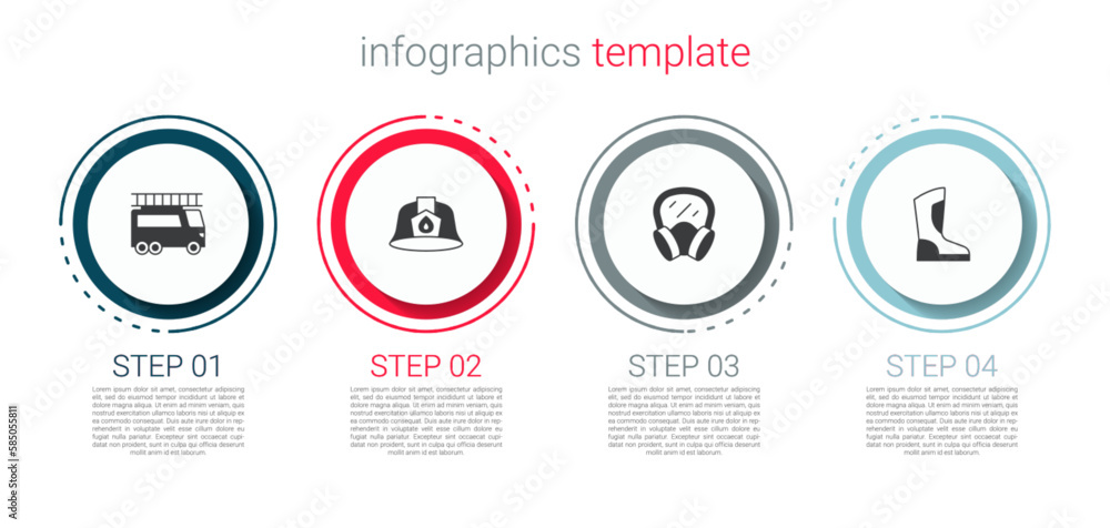 Set Fire truck, Firefighter helmet, Gas mask and boots. Business infographic template. Vector Set Fire truck, Firefighter helmet, Gas mask and boots. Business infographic template. Vector