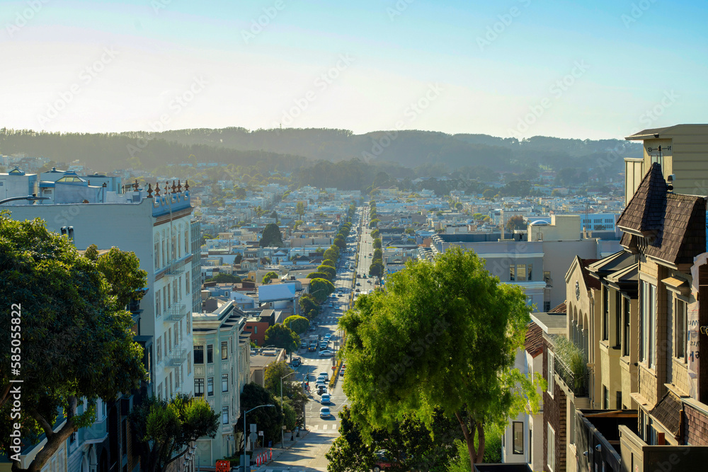 View from top of hill in historic districts of downtown san francisco california in middle class neighborhoods in city