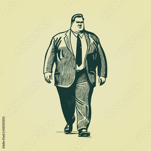 Fat businessman with a suit walking. Woodcut engraving style hand drawn vector illustration. Optimized vector. 