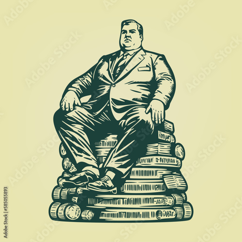 Fat businessman sitting on a pile. Woodcut engraving style hand drawn vector illustration. Optimized vector. 