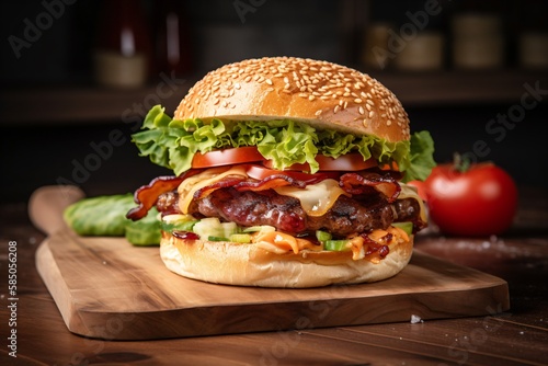 Burger au bacon et au fromage, sur une planche en bois, illustration culinaire, ia générative 7