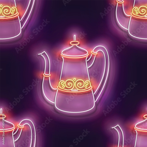 Seamless pattern with glow Decorated Turkish Coffee Pot. Cafe Label, Traditional Drink. Neon Light Texture, Signboard. Glossy Background. Vector 3d Illustration 