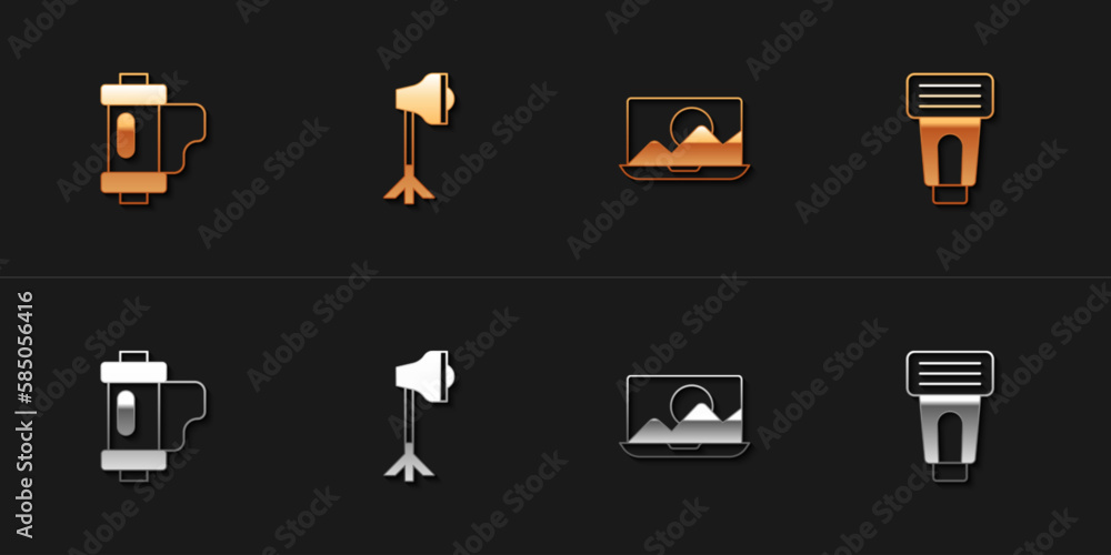 Set Camera film roll cartridge, Studio light bulb in softbox, Photo retouching and camera flash icon. Vector Set Camera film roll cartridge, Studio light bulb in softbox, Photo retouching and camera flash icon. Vector