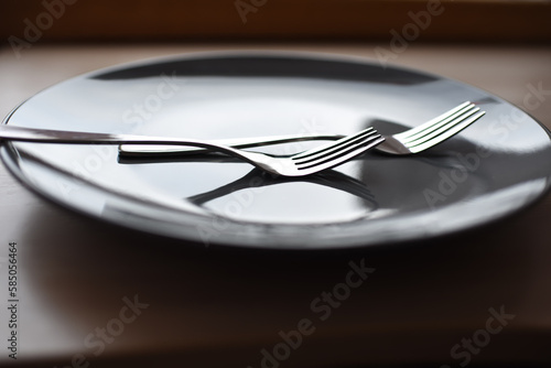 Cutlery  gray plate and metal fork  malnutrition  dieting  dishes