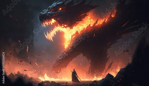Fire breathes explode from a giant dragon in a black night, the epic battle evil - concept art (ai generated)