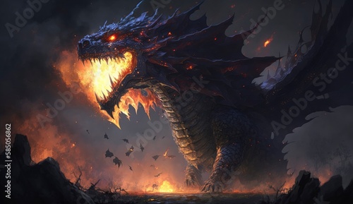 Fire breathes explode from a giant dragon in a black night, the epic battle evil - concept art (ai generated)