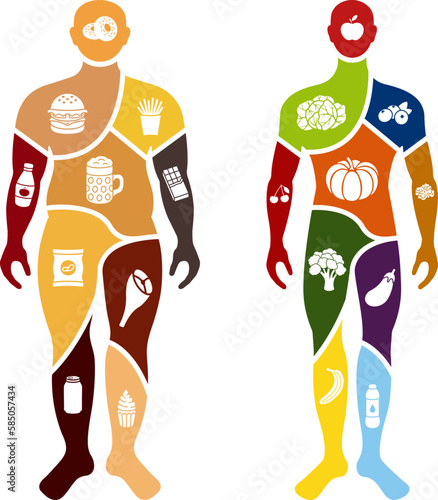 Men slim and fat with healthy and unhealthy food in body. Vector illustration.