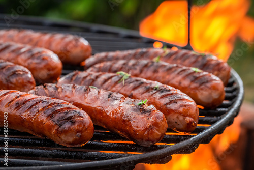 Hot sausage with spices on grill with fire in summer